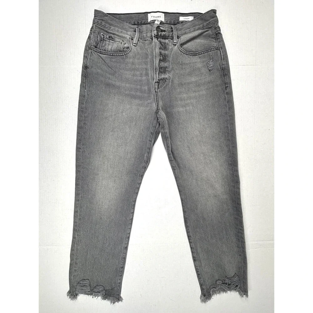 FRAME Gray Distressed Jeans Womens 29 30X27 Frayed Hem Button Fly Cropped EUC - Picture 2 of 11